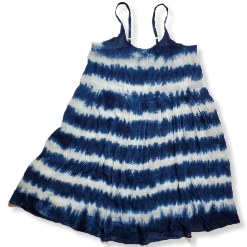 Blue/ White Tie-Dyed Stripe Tea Length Adjustable Strap Dress Large W-317